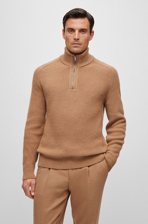 Camel-hair sweater with zip neckline, Brown