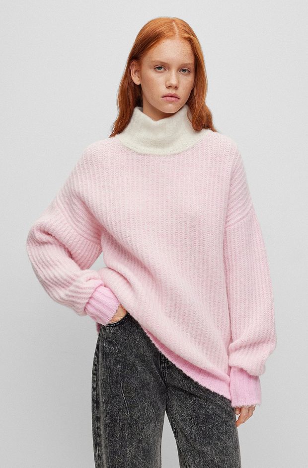 Oversized-fit rollneck sweater with colour-block detailing, light pink
