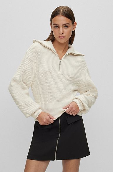 Pullover mit Troyerkragen und Logo-Etikett, Weiß
