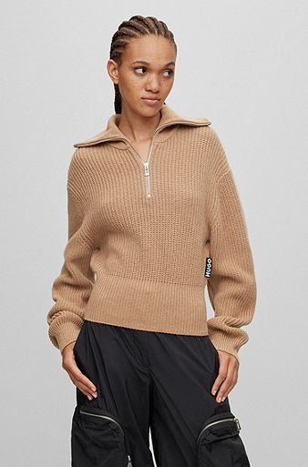 Zip-neck sweater with logo flag, Light Brown