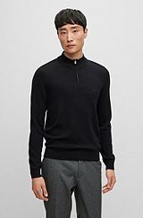 Zip-neck sweater in virgin wool with embroidered logo, Black