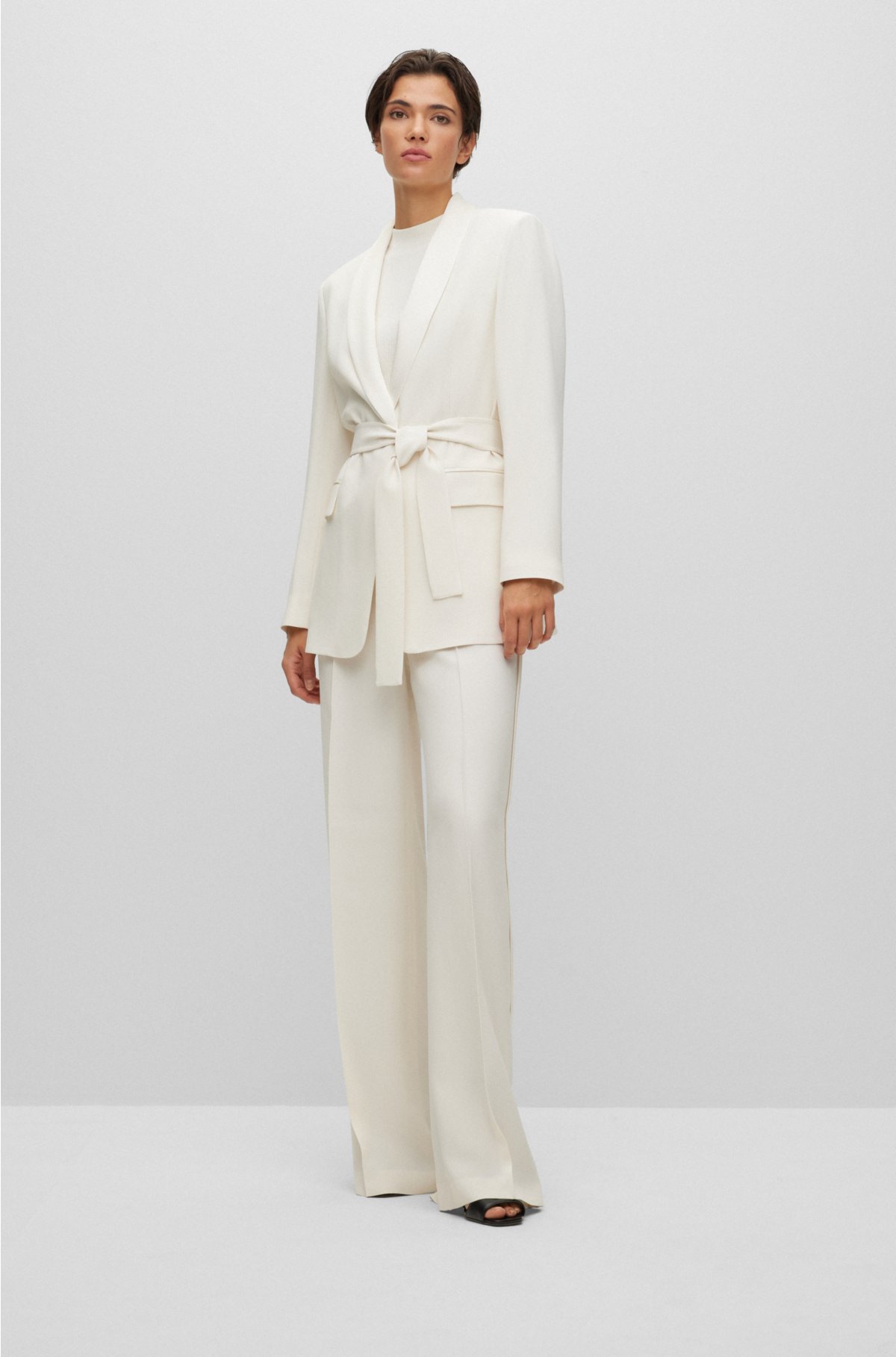 Oversized-fit jacket with tie belt and silken trims, White