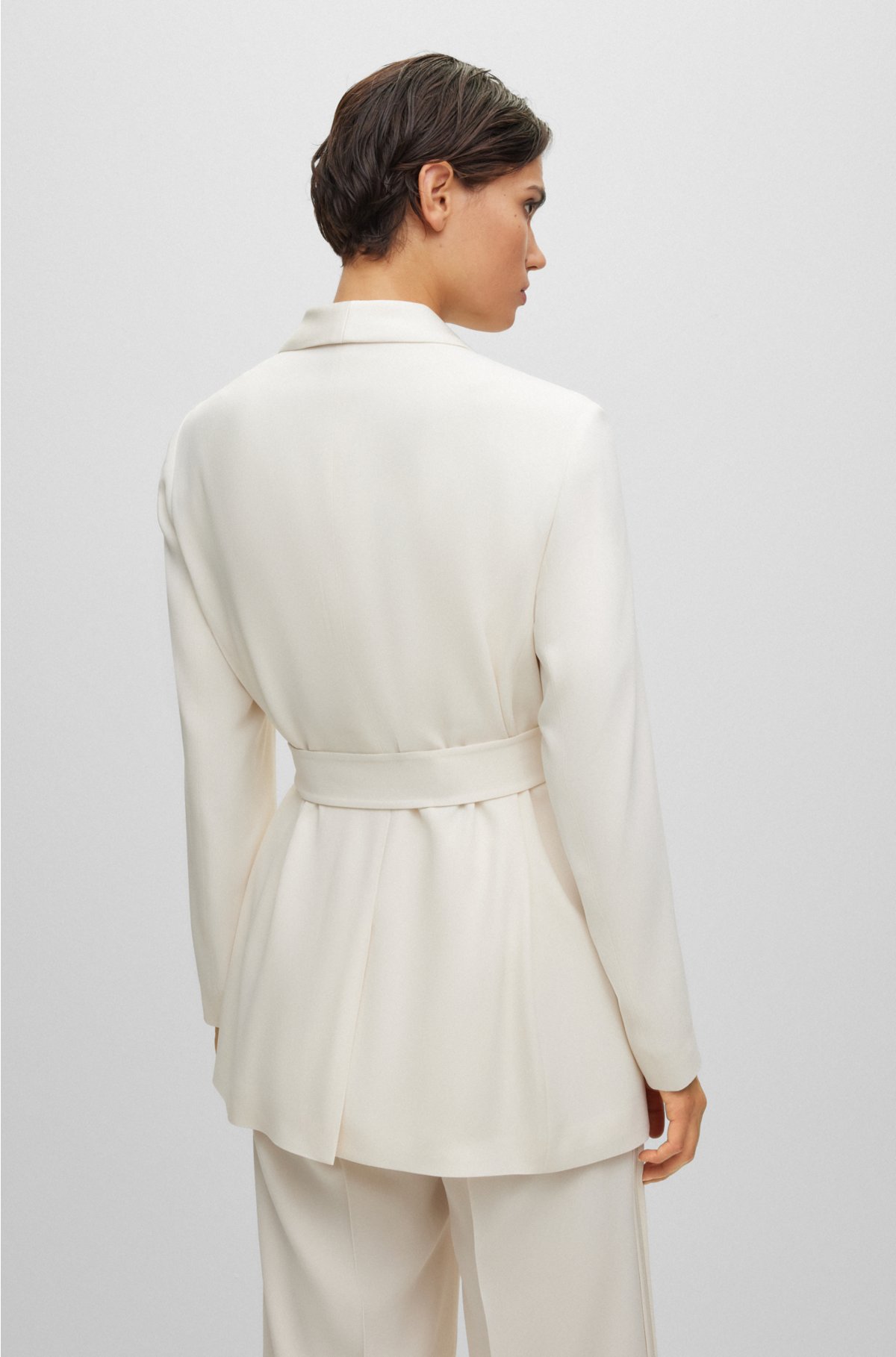 Oversized-fit jacket with tie belt and silken trims, White