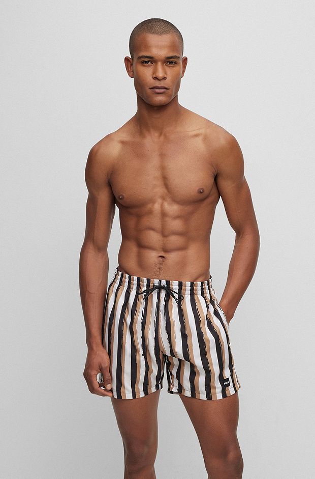 Striped swim shorts in quick-drying recycled fabric, Black  /  White  /  Beige