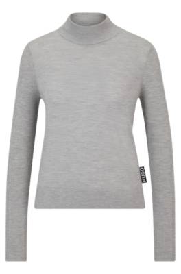 Hugo Mock-neck Sweater In Virgin Wool With Logo Flag In Gray