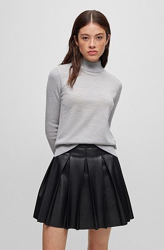 Pullover aus Schurwolle mit Stehkragen und Logo-Etikett, Grau