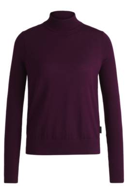 Shop Hugo Mock-neck Sweater In Virgin Wool With Ribbed Sleeves In Dark Purple