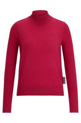 Hugo Mock-neck Sweater In Virgin Wool With Logo Flag In Pink