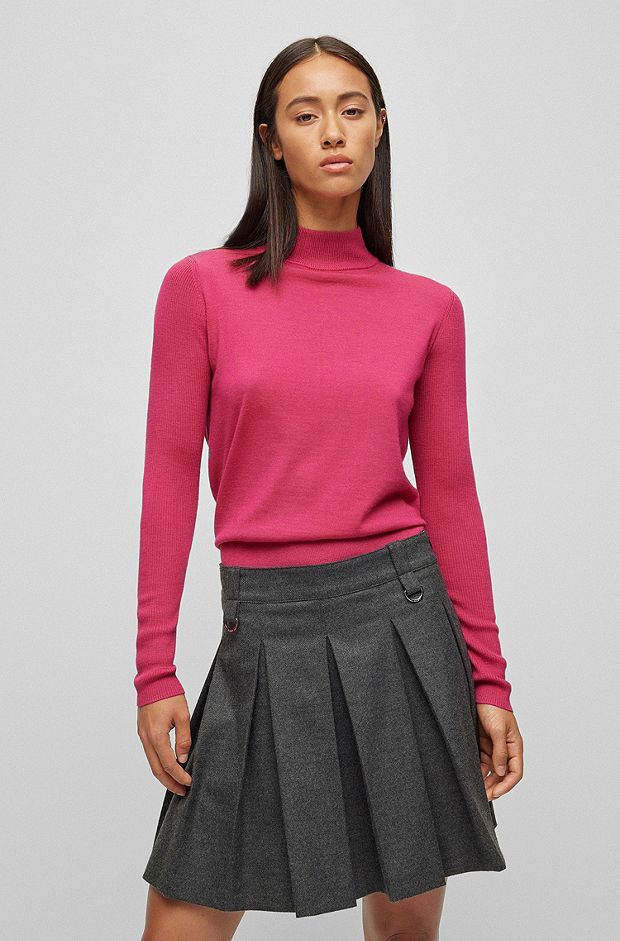 Pullover aus Schurwolle mit Stehkragen und Logo-Etikett, Pink