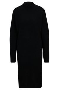 Mock-neck knitted dress with mixed ribbed structures, Black
