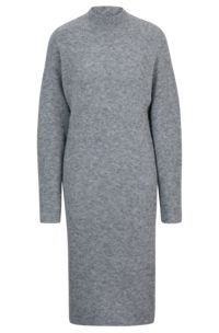 Mock-neck knitted dress with mixed ribbed structures, Grey