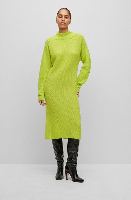 Mock-neck knitted dress with mixed ribbed structures, Yellow