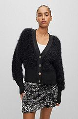 Cotton-blend V-neck cardigan with sparkly buttons, Black
