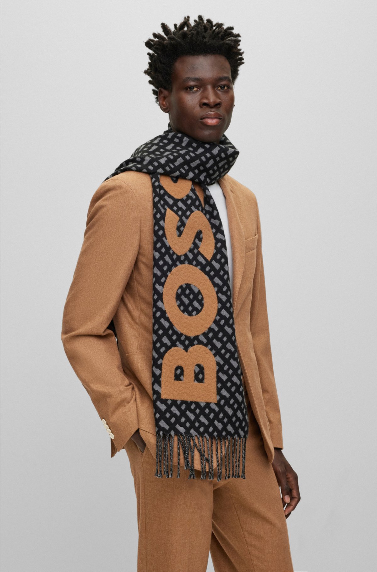 BOSS - Fringed scarf with logo and monograms