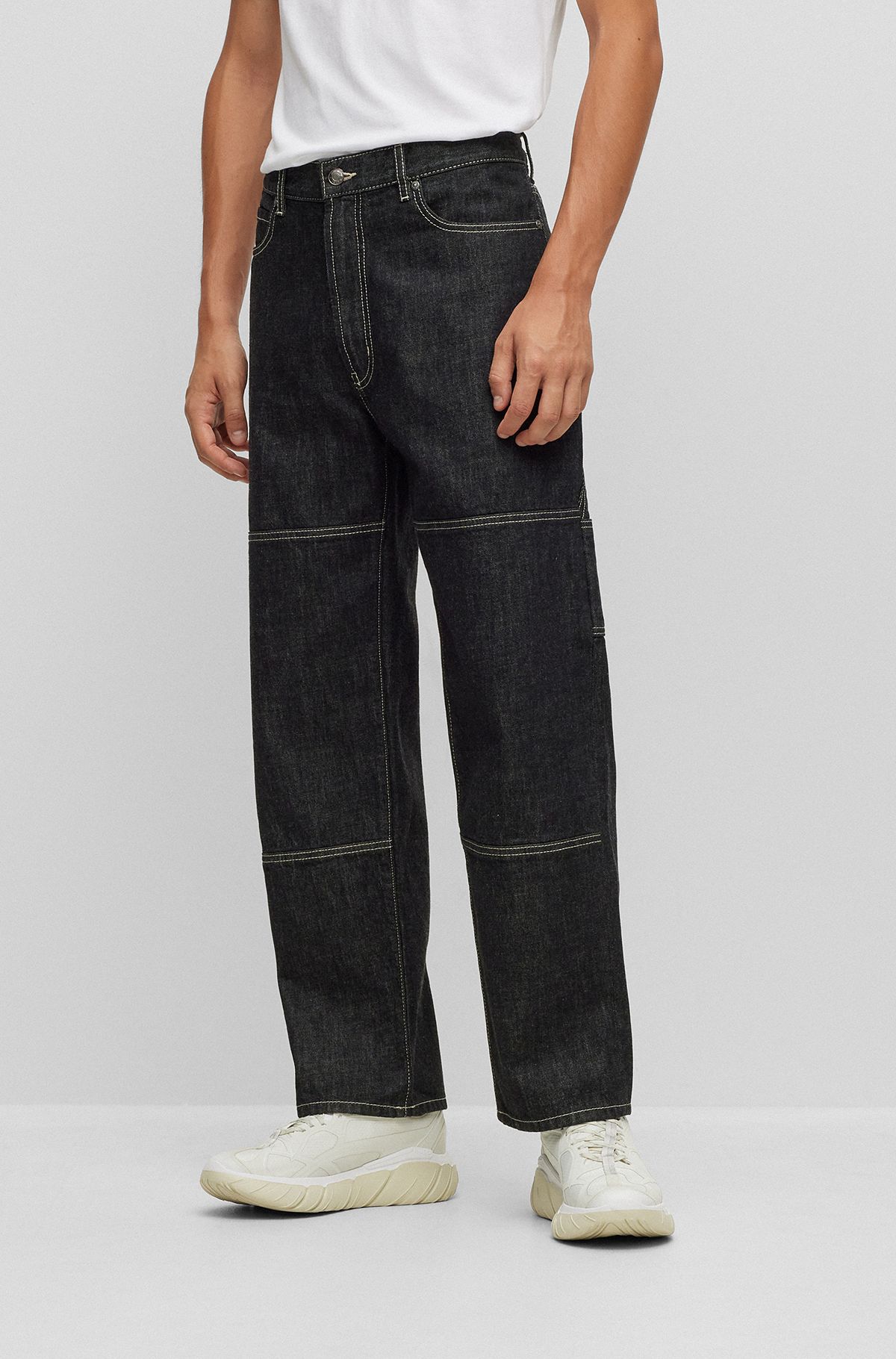 Jeans con fit morbido in denim rigido nero giapponese, Nero