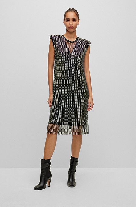Sleeveless regular-fit dress in sparkling mesh, Black