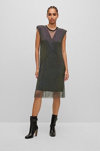 Sleeveless regular-fit dress in sparkling mesh, Black
