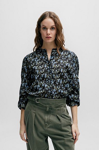 Regular-Fit Bluse aus bedrucktem Baumwoll-Voile, Gemustert