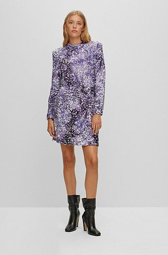 Slim-fit dress with sequin embellishments and pleat front, Purple Patterned