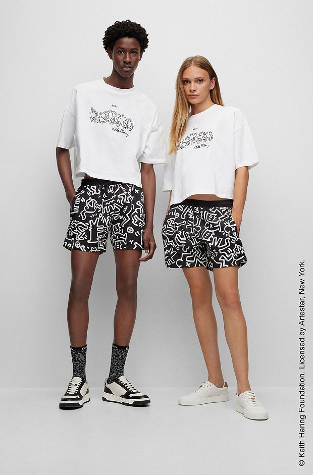 BOSS x Keith Haring gender-neutral swim shorts in quick-drying recycled fabric, Black