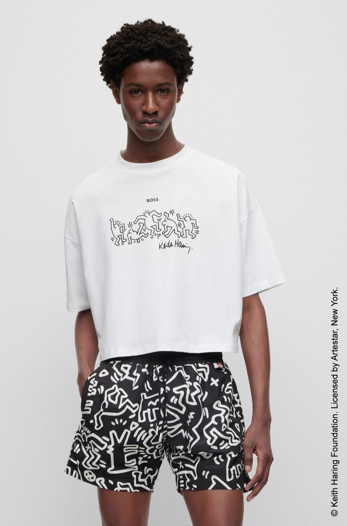 BOSS x Keith Haring gender-neutral swim shorts in quick-drying recycled fabric, Black