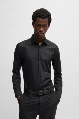Slim-fit shirt in cotton with a stacked-logo jacquard, Black