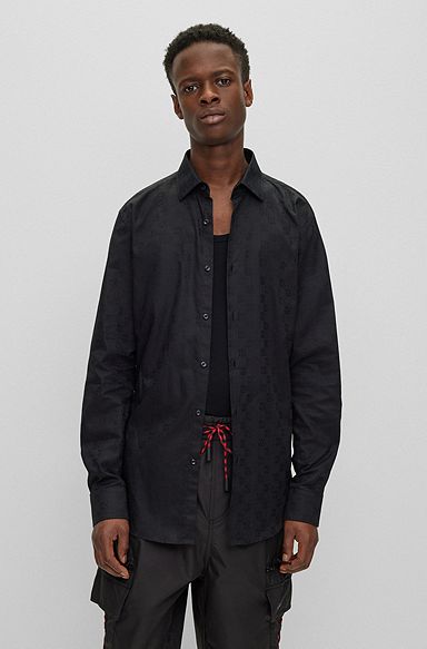 Slim-fit shirt in cotton with a stacked-logo jacquard, Black