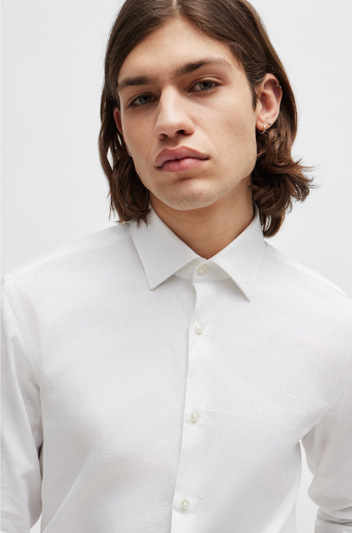 HUGO - Slim-fit shirt in cotton with a stacked-logo jacquard
