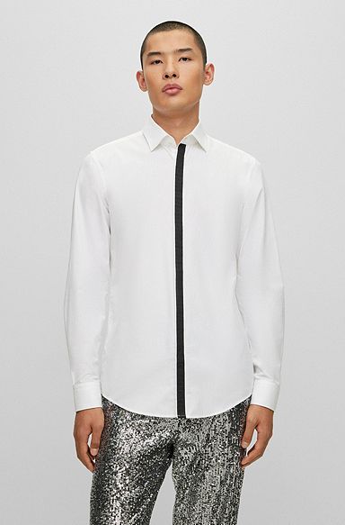Cotton-poplin slim-fit shirt with contrast placket, White