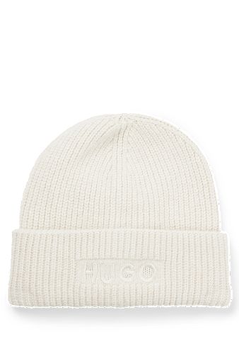 Ribbed beanie hat with embroidered logo, Natural