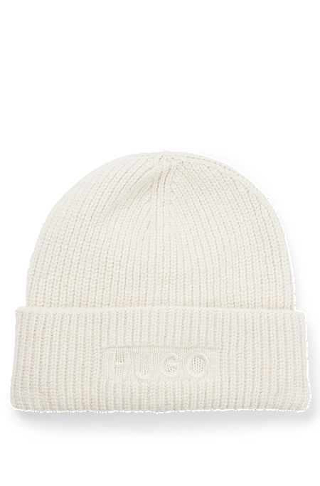 Ribbed beanie hat with embroidered logo, Natural