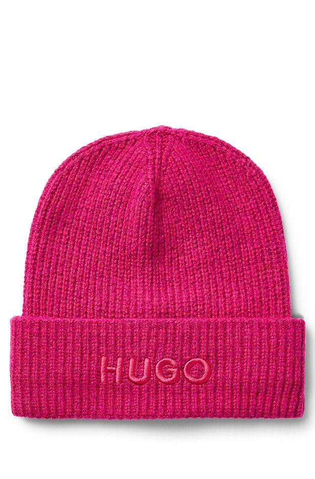 Ribbed beanie hat with embroidered logo, Pink