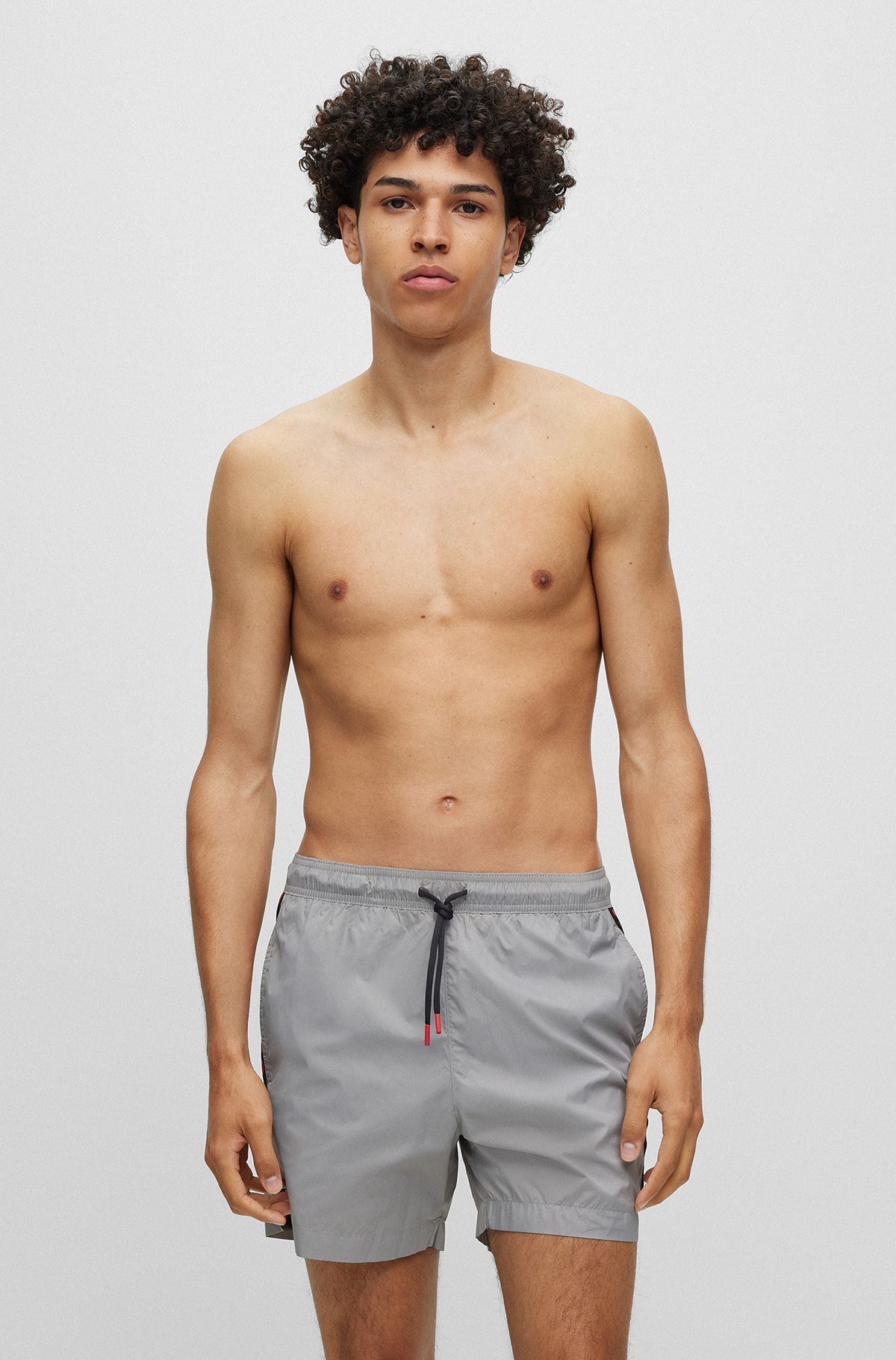 Logo-tape swim shorts in quick-drying recycled fabric, Grey