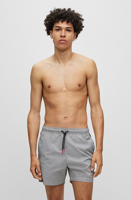 Logo-tape swim shorts in quick-drying recycled fabric, Grey