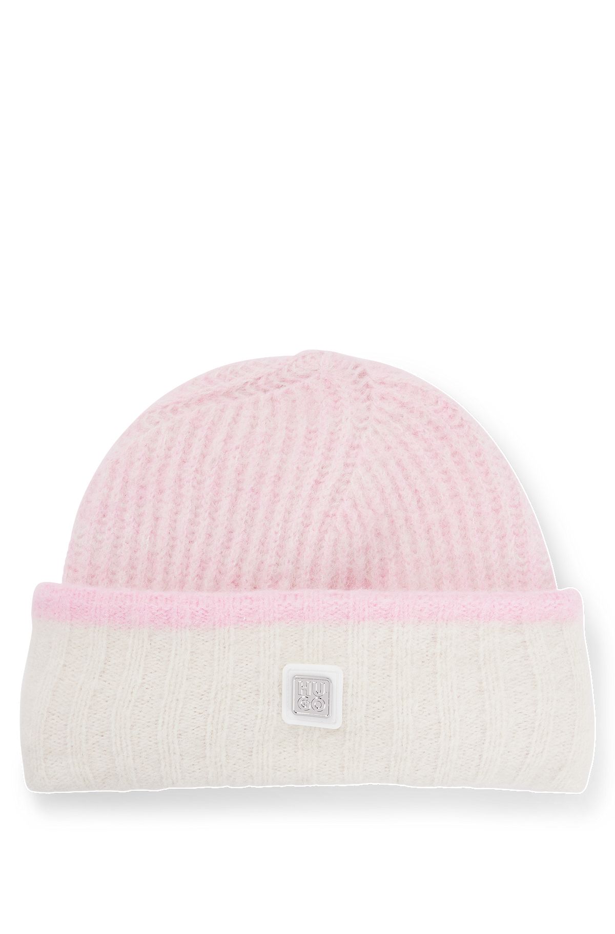 Colour-block beanie hat with stacked-logo trim, light pink