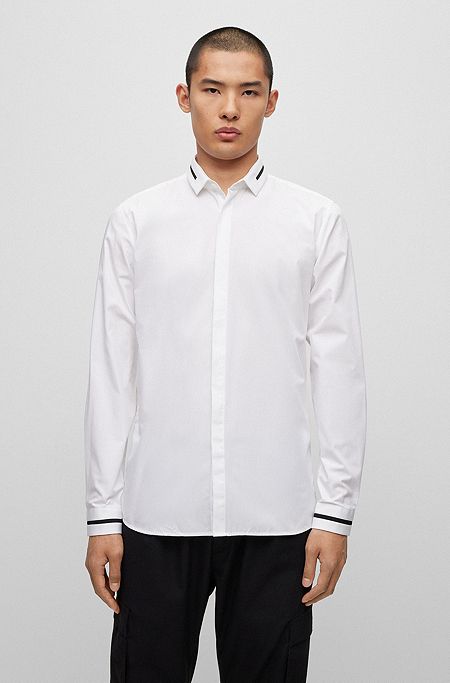 Camisa extra slim fit de algodón con apliques en contraste, Blanco