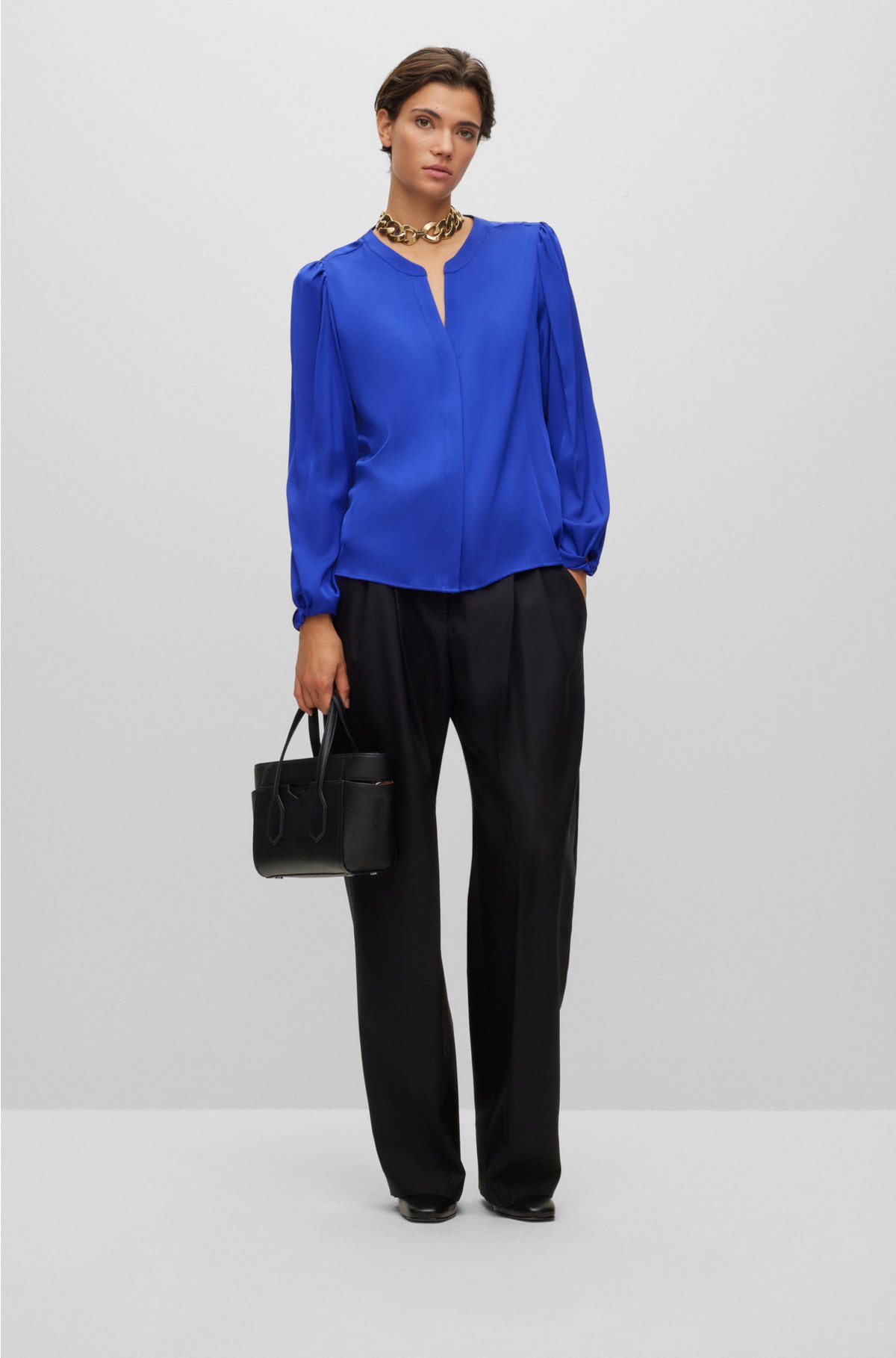 Collarless relaxed-fit blouse in stretch silk, Blue