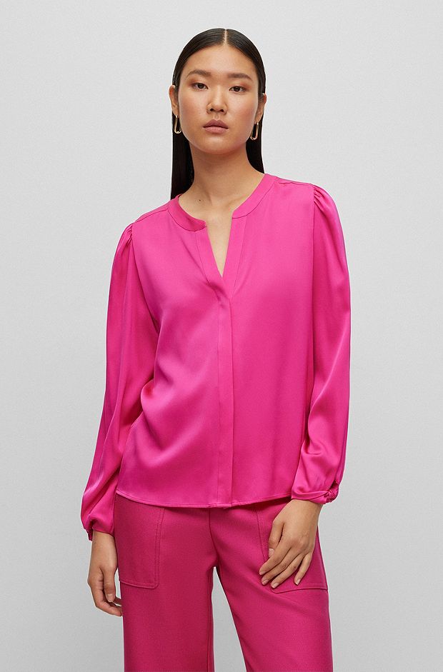 Kraagloze relaxed-fit blouse van stretchzijde, Pink
