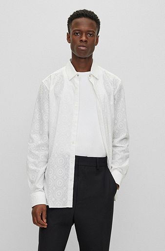 Camisa extra slim fit en algodón bordado con efecto de encaje, Blanco