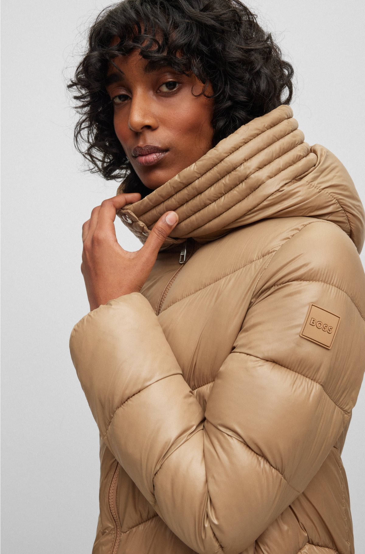 Regular-fit puffer jacket in water-repellent gloss fabric, Beige