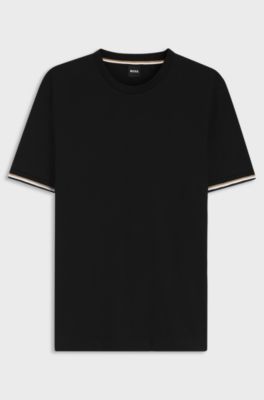 T-shirt in jersey di cotone con righe tipiche del marchio sul fondo manica, Nero
