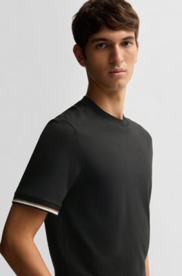 Cotton-jersey T-shirt with signature-stripe cuffs, Black