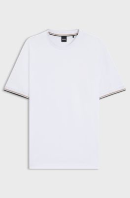 T-shirt in jersey di cotone con righe tipiche del marchio sul fondo manica, Bianco