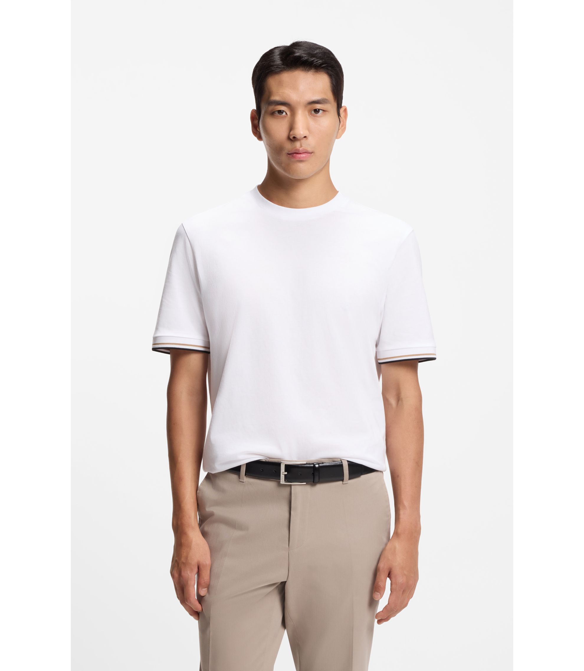 BOSS - Cotton-jersey T-shirt with signature-stripe cuffs - White