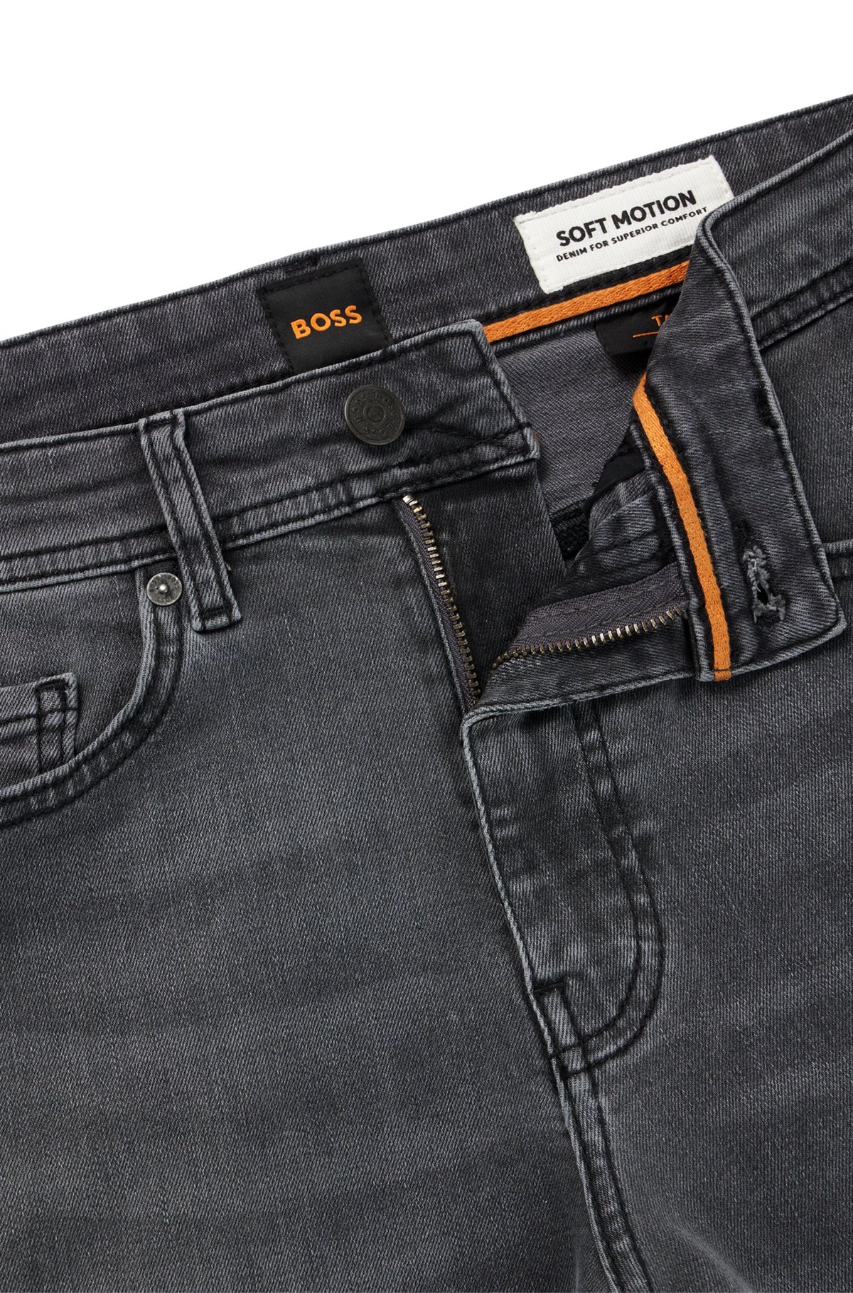 BOSS - Schwarze Tapered-Fit Jeans aus gewaschenem Super-Stretch-Denim