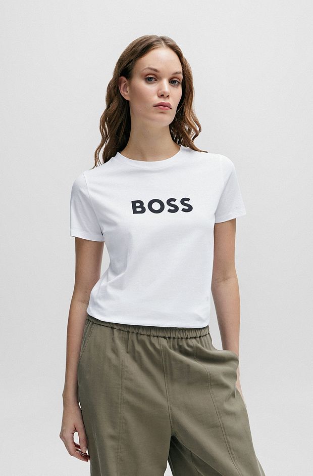Camiseta regular fit de punto de algodón con logo en contraste, Blanco