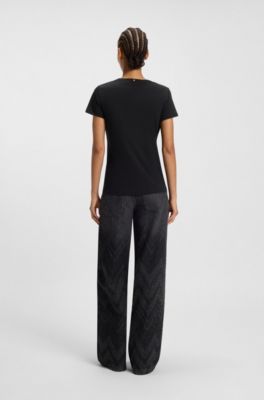 スリムフィットTシャツ コットン ロゴディテール, ブラック