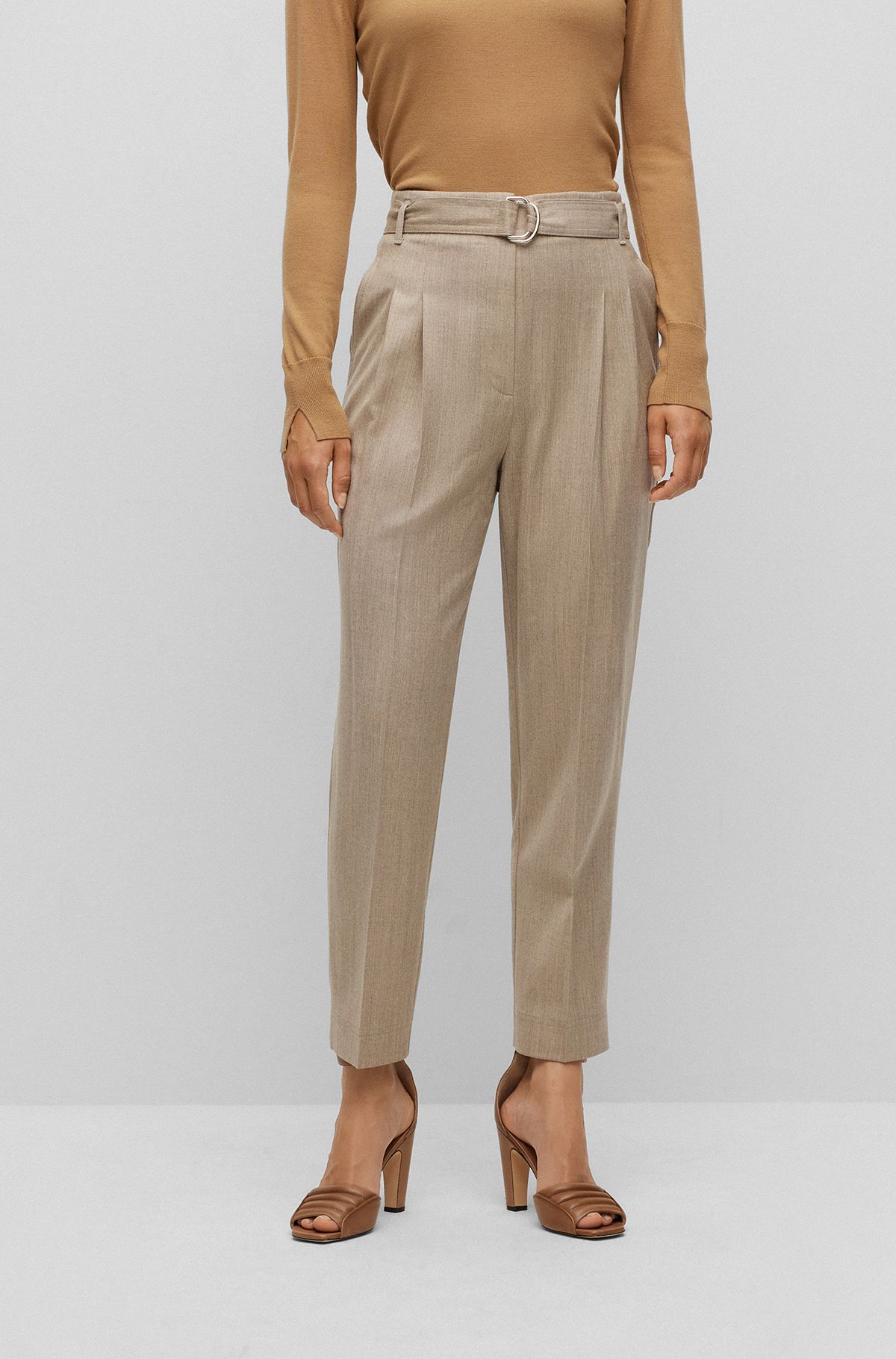 Slim-fit trousers in melange stretch-wool flannel, Light Beige