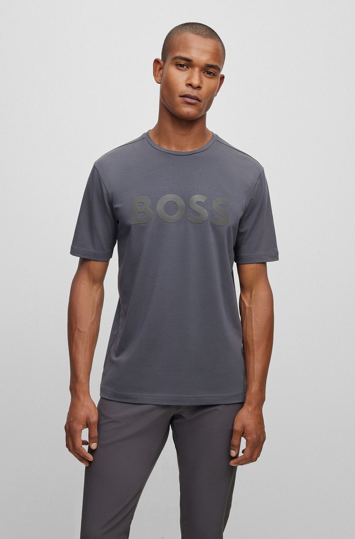 T-Shirt aus Stretch-Baumwolle mit dekorativem reflektierendem Logo, Dunkelgrau