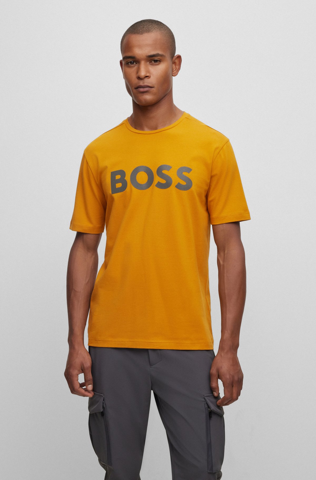 BOSS - Stretch-cotton T-shirt with decorative reflective logo